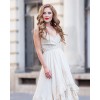 High-low flared beige cotton dress with laced bodice and ruffles
