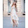 High-low flared beige cotton dress with laced bodice and ruffles
